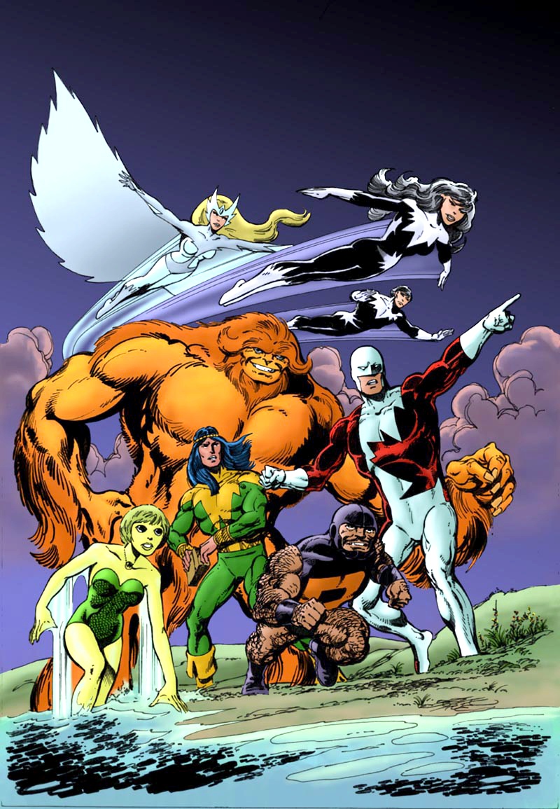 Alpha Flight team shot: Marrina, Northstar, Sasquatch, Snowbird, Shaman, Puk, Aurora. 